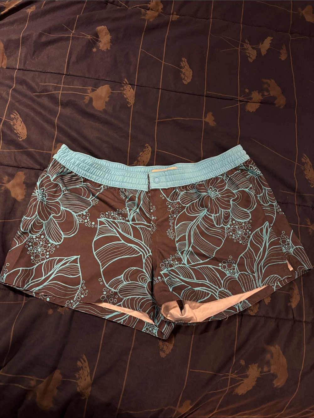 Women's Old Navy Floral Print Brown & Light Blue Teal Swim/Beach Shorts - size M